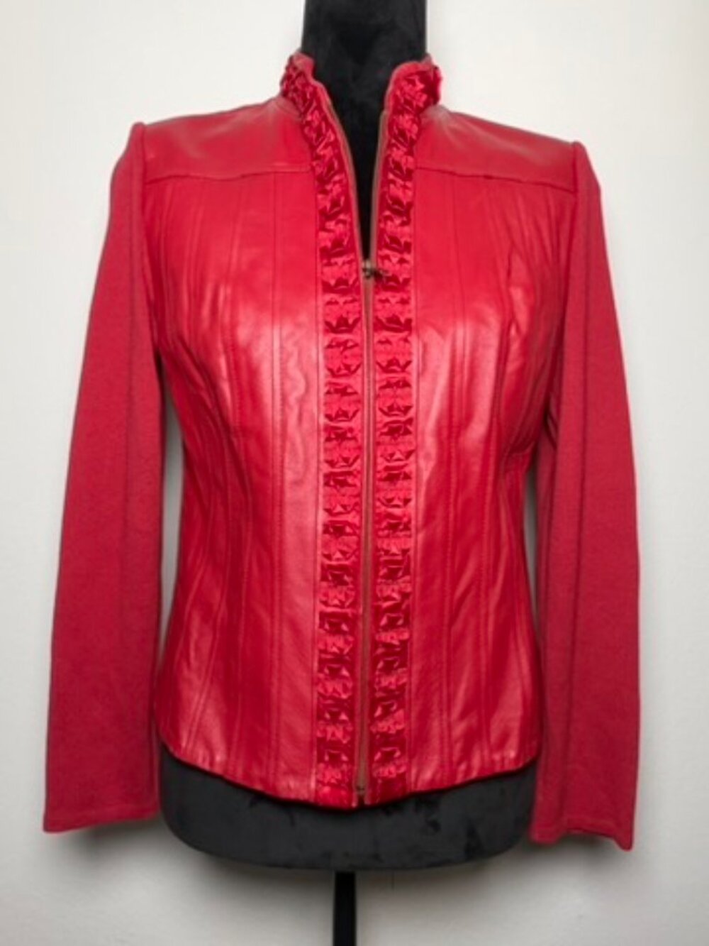 Peter Nygard SP Red Genuine Leather Knit Ruffle Trim Zip Jacket Petite